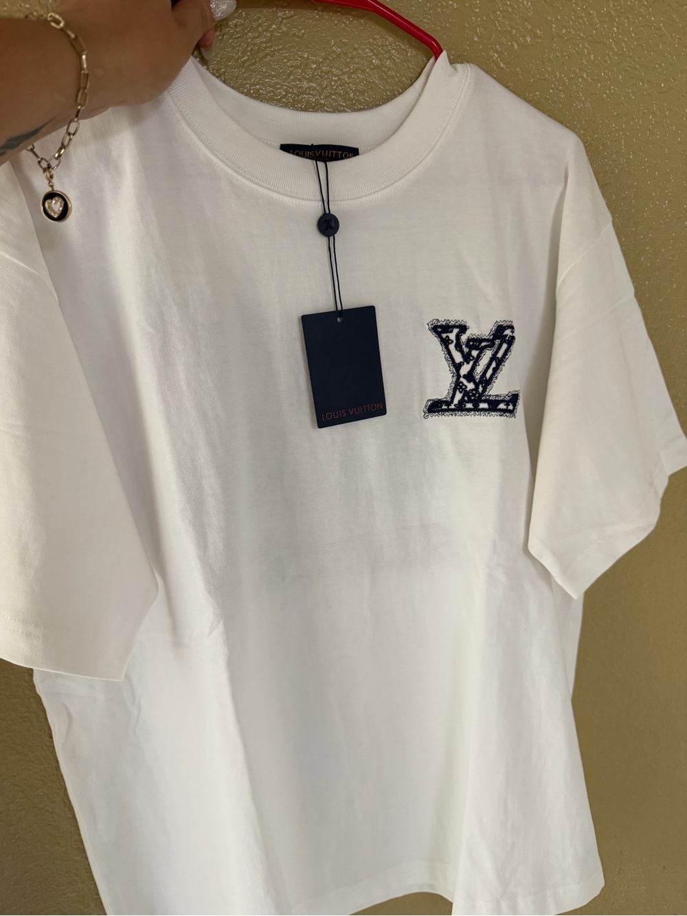 Louis Vuitton White T-Shirt with Navy Embroidered LV Patch
